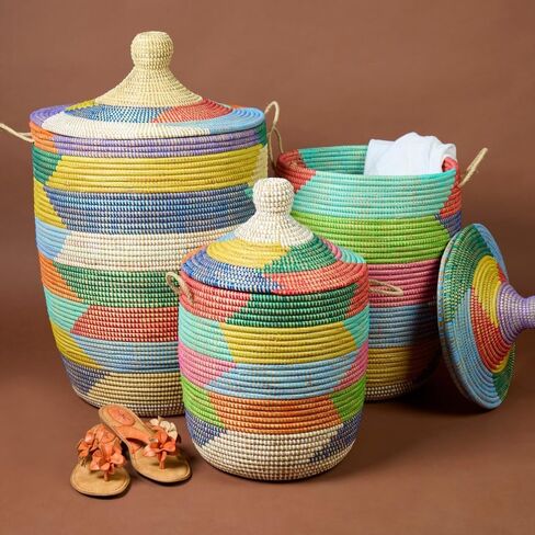Colorful Rainbow Baskets with Hooded Lids, Laundry, Blankets, Toys, Clothes, Hamper, Bin, Storage, Decorative, Wicker, Sturdy, Round, African, Hand Woven by Wolof Artisans, Made in Senegal (Small) in Kuwait