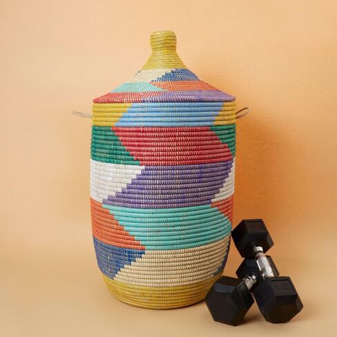 Colorful Rainbow Baskets with Hooded Lids, Laundry, Blankets, Toys, Clothes, Hamper, Bin, Storage, Decorative, Wicker, Sturdy, Round, African, Hand Woven by Wolof Artisans, Made in Senegal (Small) in Kuwait