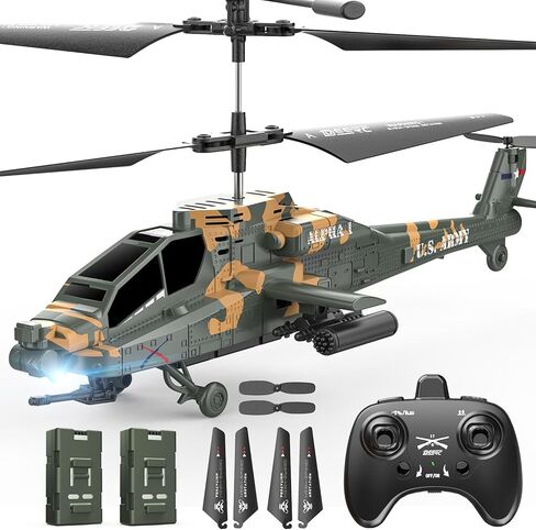 DEERC RC Helicopter for Adults, Apache Remote Control Helicopter for Kids 8-12, Toy Helicopters RC with LED Lights, 2 Batteries, Altitude Hold, 2.4GHz Military Style for Indoor, Ideal for Birthday in Kuwait