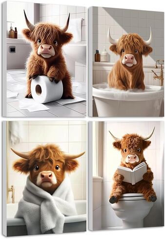 KUVIOKE Cute Highland Cow Bathroom Framed Wall Art Funny Animal Rustic Bathroom Canvas Prints Restroom Farmhouse Ready to Hang Set of 4, 8x10in (Framed) in Saudi Arabia