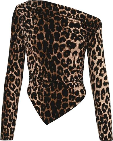 Women's Y2K Cow Print Bell Long Sleeve T Shirt Ruched Asymmetrical Neck Slim Fitted Tee Tops in Saudi Arabia