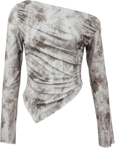 Women's Y2K Cow Print Bell Long Sleeve T Shirt Ruched Asymmetrical Neck Slim Fitted Tee Tops in Kuwait
