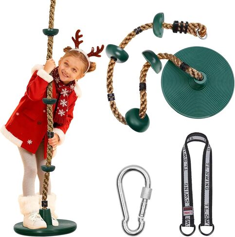 DECORLIFE Tree Swing for Kids, Adjustable Rope Swing Disc Swing for Outside with Platform Carabiners and Strap Outdoor, Playground Accessories, Green in Kuwait