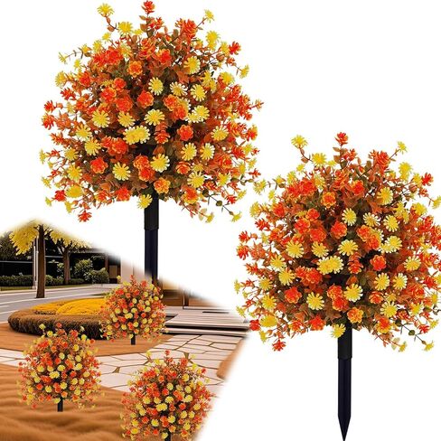 الشجرة كرة توبياري الاصطناعية السقوط مع أزهار الأمهات ، مجموعة من خشب BOCKWOOD BABER Autumn Faux شجيرات مع ارتفاع ، نباتات محفوظة بالأشعة فوق البنفسجية لحديقة الشرفة الأمامية ، 23.7 " in Saudi Arabia