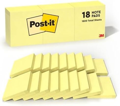 Post-it Notes, 3 in x 3 in, 18 Sticky Notes Pads, 100 Sheets per Pad, The Iconic Canary Yellow Note, School Supplies and Oﬃce Products in Kuwait