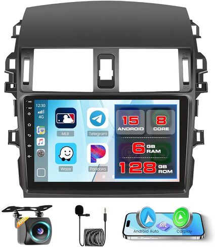 8 Core 6+128GB Wireless Apple Carplay لراديو Toyota Corolla Android 2009-2013، شاشة لمس 9 بوصة كورولا ستيريو مع Android Auto، 32EQ DSP، بلوتوث، 59 UI، WiFi، GPS، SWC، ميكروفون، كاميرا احتياطية in Saudi Arabia