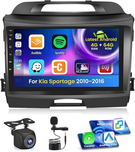 راديو ستيريو للسيارة 2+64G Android 13 CarPlay لكيا سبورتاج 2010-2016، شاشة لمس عالية الدقة 9 بوصة متوافقة مع Android Auto، كاميرا احتياطية AHD، وصلة مرآة، GPS، WiFi، FM RDS in Kuwait