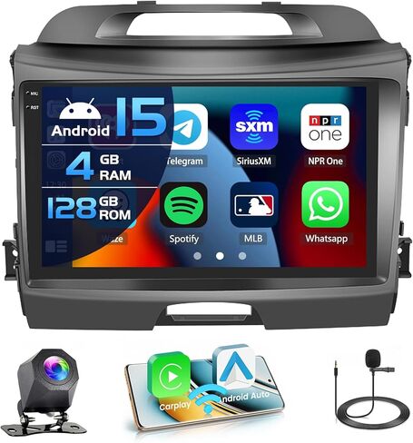 راديو ستيريو للسيارة 2+64G Android 13 CarPlay لكيا سبورتاج 2010-2016، شاشة لمس عالية الدقة 9 بوصة متوافقة مع Android Auto، كاميرا احتياطية AHD، وصلة مرآة، GPS، WiFi، FM RDS in Kuwait