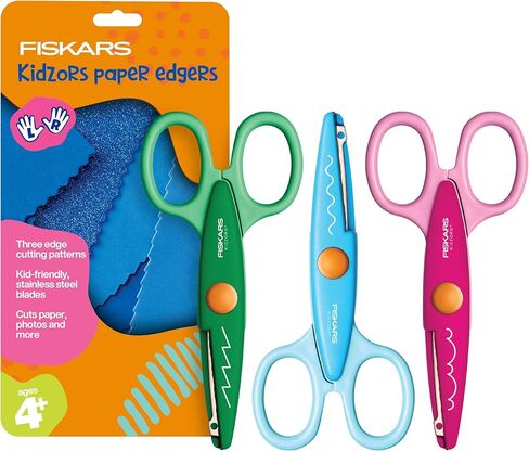 Fiskars Decorative Edge Craft Scissors for Kids Ages 4-7, Craft Scissors for Kids, Zoo Animal Pattern Design with Zig Zag Edges, 3-Pack in Kuwait