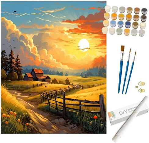 Sunset Farm Paint بواسطة أرقام أرقام للبالغين-المناظر الطبيعية DIY على قماش 16 × 20 بوصة ، مجموعة الطلاء من طلاء البالغين من أجل المبتدئين ، مجموعة فنية ذات مناظر خلابة للديكور المنزلي أو الهدايا in Kuwait