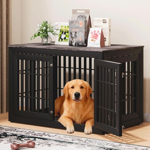 Snuowu 48" Heavy-Duty Dog Crate Furniture for Large Dogs, XXL Wooden Dog Cage Kennel Indoor Furniture, Decorative Pet House End Table, White & Wood in Kuwait