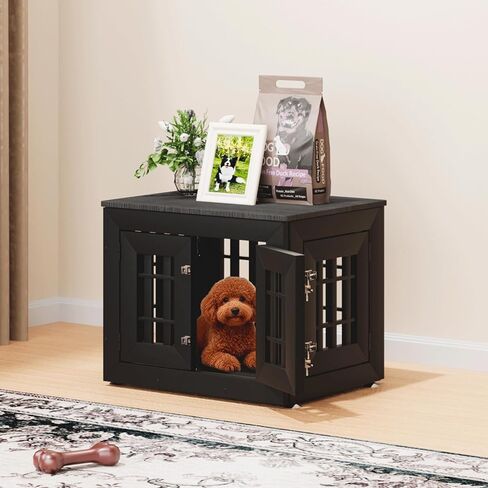 48" Heavy Duty Dog Crate Furniture for Small,Medium and Large Dogs,Rustic Wooden Dog Cage Kennel Indoor Furniture with Waterproof Top,Decorative Pet House Side End Table (Black & Wood) in Kuwait