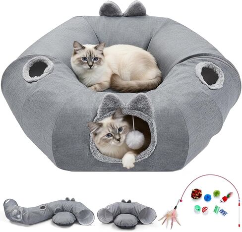 Odoland Summer Linen Cat Tunnels for Indoor Cats with Cooling Central Cat Bed, Interactive Cat Toys Detachable Soft Mat and Variety Kitty Toy Set Hrey in Saudi Arabia