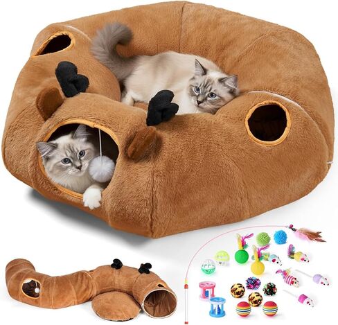 Odoland Summer Linen Cat Tunnels للقطط الداخلية مع سرير CART CAT CAT CATCED ، ألعاب CAT التفاعلية قابلة للفصل in Kuwait
