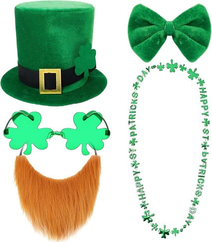 Haysandy 5 Pcs St. Patrick's Day Leprechaun Costume Suit Set Green Leprechaun Hat Fake Beard Mustaches Shamrock Bow Tie Clover Glasses Shamrock Necklace Irish Costume Accessories for Men Woman in Saudi Arabia