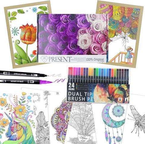 Adult Coloring Book for Women Relaxation, Spiral Bound Mindfulness Coloring Books with 36 Colors Markers, Mindfulness Coloring Books for Adults Relaxation with Adult Coloring Book Markers in a Case in Kuwait