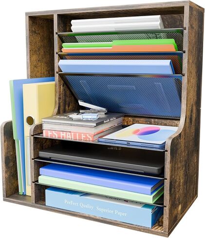 توجه بسيط 7 منظم ملفات مكتب الطبقة ، منظم ورق أحرف خشبية مع حامل ملفات قابل للتعديل ، منظم سطح مكتب شبكة وتخزين للوازم المكتبي in Kuwait