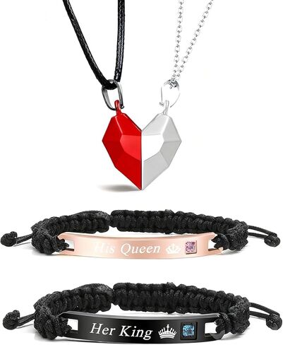 Couple Bracelet Long Distance Pulseras Para Mujer Matching Heart Couples Bracelets Necklaces Set for Bf Gf Couples Jewelry Set Couples Gifts for Him Her Wedding Gifts for Couples 2024 in Kuwait