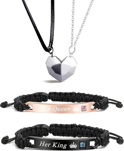 Couple Bracelet Long Distance Pulseras Para Mujer Matching Heart Couples Bracelets Necklaces Set for Bf Gf Couples Jewelry Set Couples Gifts for Him Her Wedding Gifts for Couples 2024 in Kuwait