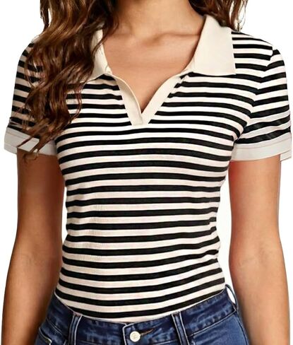 Women's Striped Polo Bodysuit Soft Breathable V-Neck Collared Short Sleeve One Piece Tops for Casual Office Wear in Kuwait