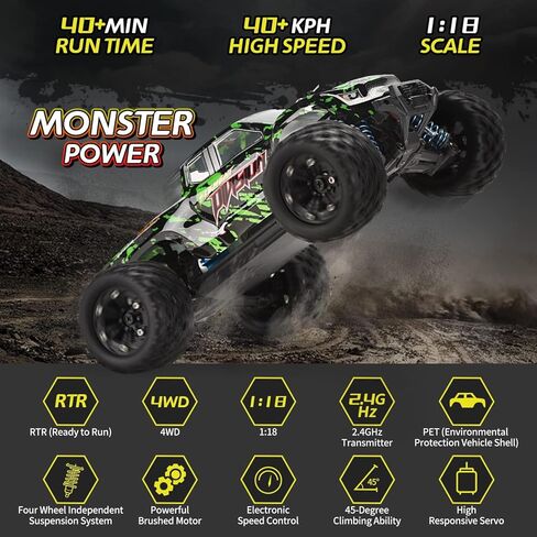 TENSSENX 40km/H 1:18 مقياس 4x4 RC Monster Truck-بطاريتين قابلتين للشحن ، لعبة 2.4 جيجا هرتز على الطرق الوعرة لجميع الأعمار in Kuwait