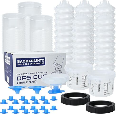 Disposable Spray Gun Paint Cup, Paint Mixing Cups System, 20 Ouncez (600ml) Kit, 25 Pack Cup Liners, 25 Lids, 1 Hard Cup, 1 Collar with 10 Plugs, for Spray Gun Sagola, Sata, Iwata, Devilbiss in Kuwait