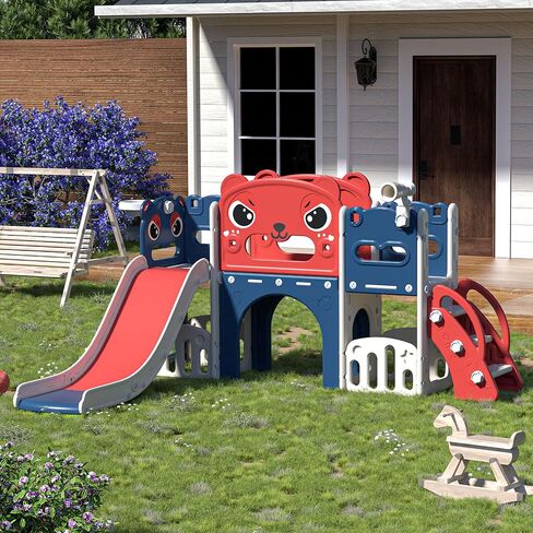 9 in 1 Toddler Slide and Climber Playset Indoor Outdoor Kids Slide with Basketball Hoop,Telescope and Storage Space, Freestanding Backyard Playground for Children Age 1-6 in Saudi Arabia