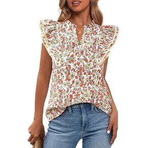 BTFBM Women Dressy Casual 2025 Summer Shirts Boho Floral Notched V Neck Ruffle Cap Sleeve Tops Business Work Blouses in Kuwait
