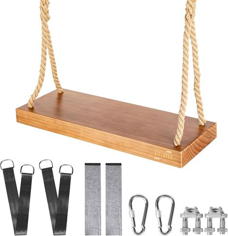 Outdoor Wood Hanging Seat, 22" x 8" x 2" Cedar Wooden Tree Swing for Adults & Kids, 440 lb Capacity, Adjustable 5-7 ft Rope, Classic Heavy Duty Tree Swing for Backyard & Porch in Kuwait