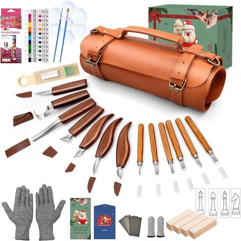 COZYGIFT Wood Carving Kit for Adults & Beginners - 31-Piece Set with 7 Whittling Knives & 6 Detail Gouges, 2 Pre-Carved Basswood Blocks, Leather Roll & Splinter-Free Handles for Woodworking & DIY Gift in Saudi Arabia
