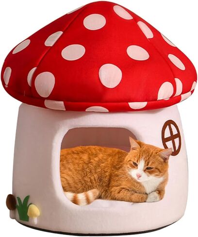 Mushroom Cow Cat Bed House for Indoor Cats & Small Dogs - Soft Cave-Style Pet Nest with Removable Washable Cushion, Plush Semi-Enclosed Cat Cave Tent, Warm Cookie-Shaped Cat Bed for Kittens/Puppies in Saudi Arabia