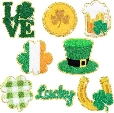 8 PCS St. Patrick's Day Chenille Patches Glitter Lucky Irish Buffalo Plaid Shamrock Green 4 Leaf Clover Clover Sew On Repair Assoriqued Diy Crafts Givative Gift for Clothing Backpack Hat in Kuwait