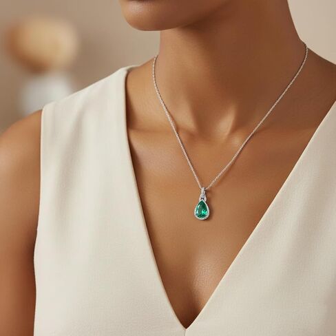 Jewelili 10K White Gold 12X8MM Pear Created Emerald, Ruby, Sapphire with Round Created White Sapphire and Natural White Round Diamond Accent Drop Pendant Necklace in Saudi Arabia