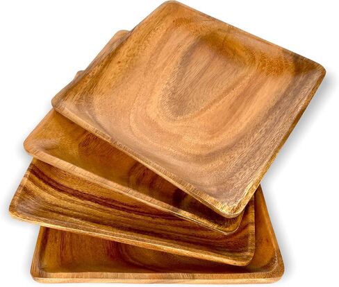 Acacia Wooden Plates – Set of 4, 10 Inch Square Rustic Wood Platters – for Food, Dining, BBQ Parties & Picnics, Durable, Handcrafted to Last, Joint Free, Continuous Beautiful Grains in Kuwait