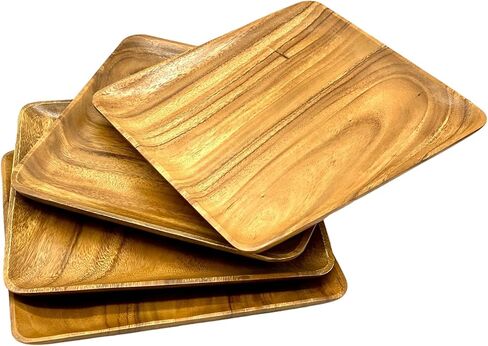 Acacia Wooden Plates – Set of 4, 10 Inch Square Rustic Wood Platters – for Food, Dining, BBQ Parties & Picnics, Durable, Handcrafted to Last, Joint Free, Continuous Beautiful Grains in Kuwait