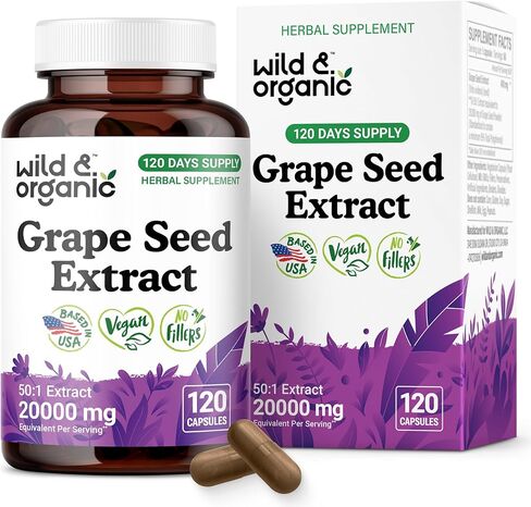 Wild & Organic Grape Seed Extract Capsules - 20,000 mg Strength Grapeseed Extract Equivalent - 95% Polyphenols - 400 mg per Serving - 3 Month Supply - 90 Vegan Capsules - Non-GMO in Kuwait