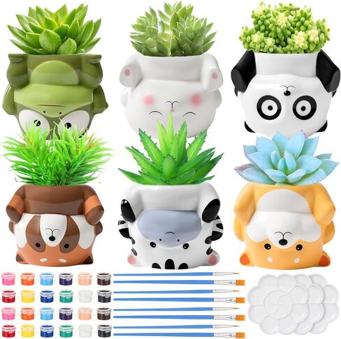 Chuangdi 6 Sets DIY Ceramic Succulent Pots Animal Ceramic to Paint Small Paint Your Own Succulent Pot Unpainted Planters with Drainage Hole Color Paints Paintbrushes Palettes for Craft(Novel Style) in Saudi Arabia