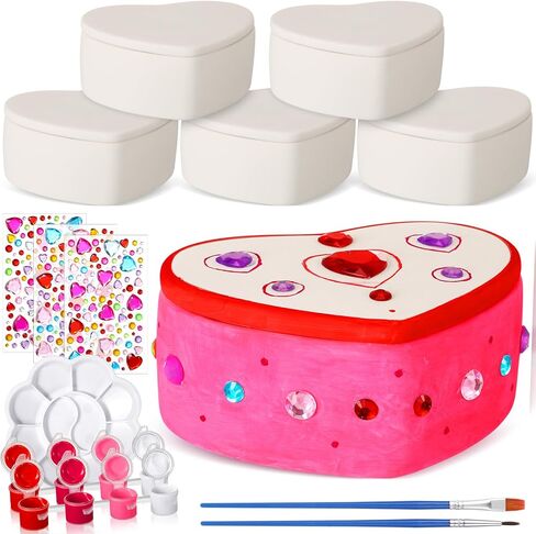 TEENYYOU 14 PCS قم برسم صناديق المجوهرات السيراميك الخاصة بك تشمل 6 منظم تخزين مجوهرات غير مصممة 2 شرائط من الدهانات مع 2 فرش 1 لوحة 3 ملصقات الماس (مربع غير مكتمل) in Kuwait
