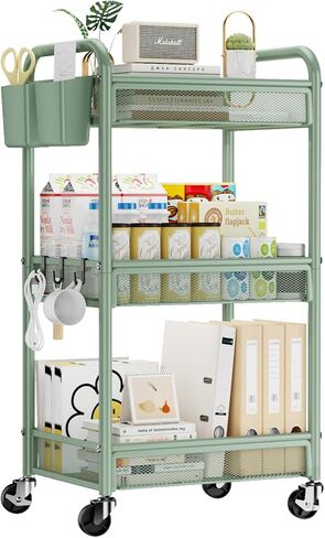 عربة Yasonic 3 Tier Rolling Cart - عربة تخزين المعادن مع عجلات ، منظم عربة حرفية مع أكواب معلقة ، والسنانير ، سلة شبكية لفن مكتب المطبخ بجانب السرير ، الأسود in Kuwait