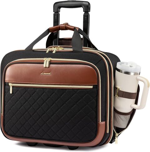 LOVEVOOK Rolling Laptop Bag Women, 17.3 Inch Laptop Briefcase with Wheels, Soft Sided Underseat Carry On Luggage Personal Item Suitcase for Work Travel Business, Black Brown in Saudi Arabia