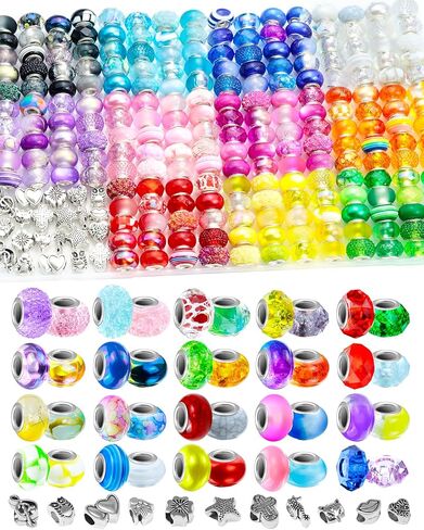 143pcs Fiveizero European Beads - 12 لونًا من الخرز الزجاجي الثقب الكبير لصنع المجوهرات ، والخرز المتنوع للأساور والقلائد والحرف اليدوية DIY in Kuwait