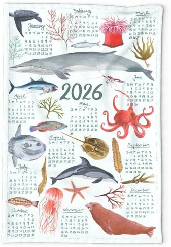 Ocean themed 2025 Calendar Towel, Dolphin calendar, Linen Calendar for Whale lover (Dolphin on cream) in Saudi Arabia