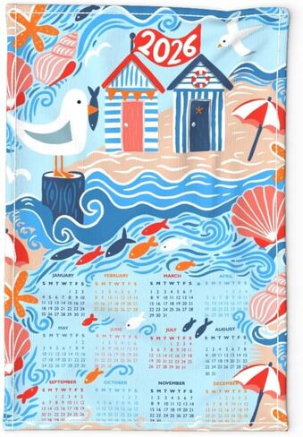 Ocean themed 2025 Calendar Towel, Dolphin calendar, Linen Calendar for Whale lover (Dolphin on cream) in Saudi Arabia