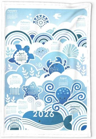 Ocean themed 2025 Calendar Towel, Dolphin calendar, Linen Calendar for Whale lover (Dolphin on cream) in Saudi Arabia