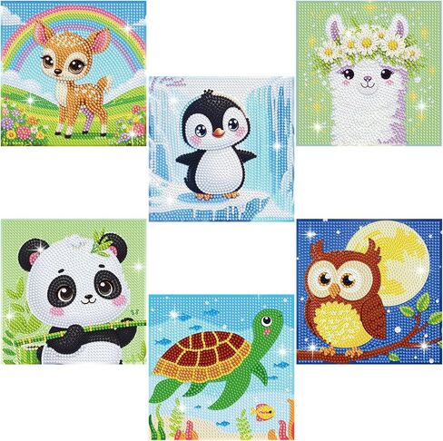 Diamond Art Kits for Kids, 4 Pieces Cartoon Animals Diamond Painting Kits for Adults Beginner, 5D Full Round Drill Gem Art Arts and Crafts for Kid Mosaic Kits for Gift Home Wall Decor Kids 6X6 inch in Saudi Arabia