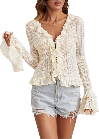 Gorglitter نساء ربطة عنق الجرس الأمامي جرس الدانتيل قمم الكشكش شبكة القمصان القديمة in Kuwait