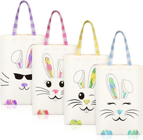 Weewooday 4 Pcs Easter Canvas Bunny Bags Easter Tote Bag Spring Egg Hunts Reusable Baskets with Handles Candy Gift Rabbit Baskets for Kids Boys Girls Eggs Candy Hunting Carrying Daily Use in Kuwait