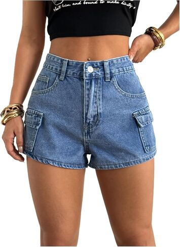 WDIRARA Women's High Waisted Denim Cargo Shorts Straight Leg Casual Jean Shorts with Pockets in Kuwait