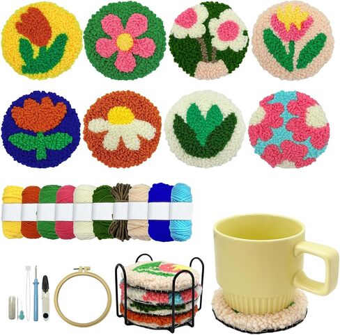 SEREDH Punch Needle Kit for Beginners Adults Easy Needle Punch Embroidery Set Including Threader Instruction Fabric Hoop Yarn Coaster DIY Making Kit Supplies,Set of 8 Flower Art Crafts Gifts in Saudi Arabia
