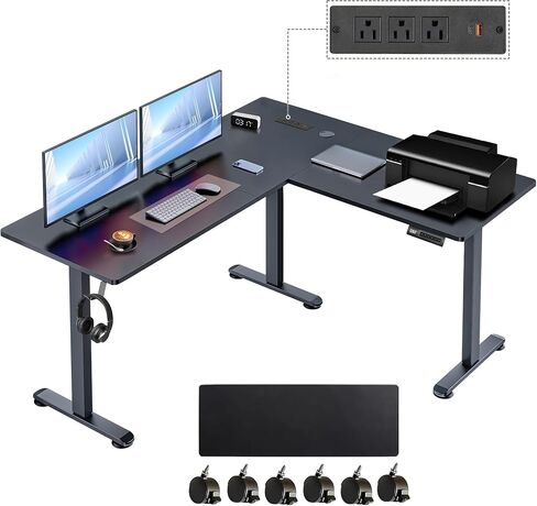 63 "مكتب دائم على شكل L ، زاوية كهربائية قابلة للتعديل في مكتب ، مكتب الجلوس المريح ، مكتب كمبيوتر مكتب المكتب المنزلي مع لوحة لصق (بني) in Kuwait